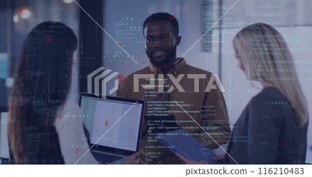 Image of computer language over diverse coworkers standing and sharing ideas in office 116210483