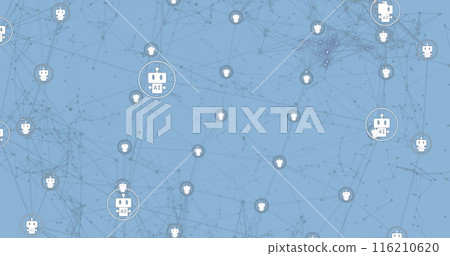 Image of robot icons in circles moving on blue background 116210620