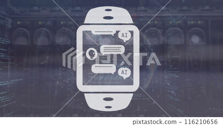 Image of ai chat box in digital watch over computer language against cables 116210656