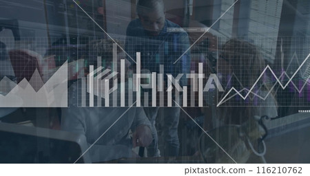 Image of data processing over diverse business people in office 116210762