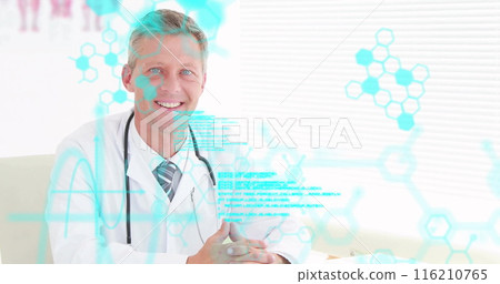 Image of medical data processing over smiling caucasian male doctor at desk Image of medical data processing over smiling caucasian male doctor at desk 116210765