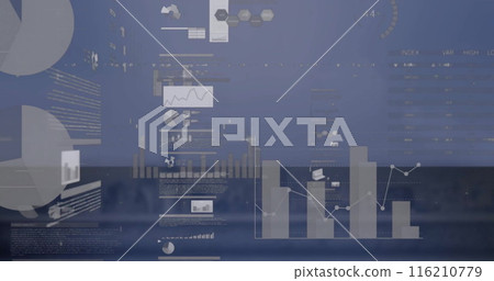 Image of stock market and data processing with diagrams over building 116210779