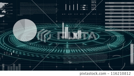 Image of finacial data processing with scope scanning on black background 116210812