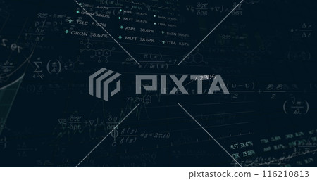 Image of finacial data processing with mathematical equations on black background Image of finacial data processing with mathematical equations on black background 116210813