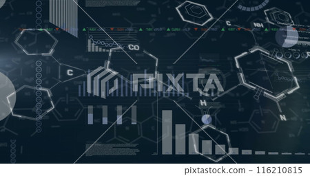 Image of finacial data processing with chemical formula on black background Image of finacial data processing with chemical formula on black background 116210815