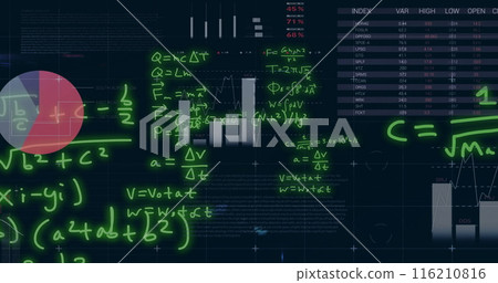 Image of finacial data processing with mathematical equation on black background Image of finacial data processing with mathematical equation on black background 116210816