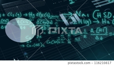 Image of finacial data processing with mathematical equation on black background 116210817