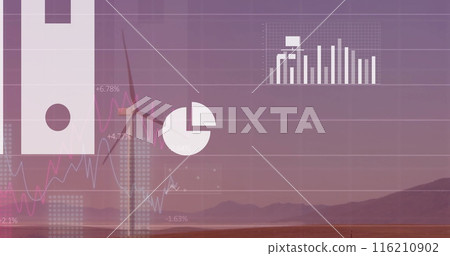 Image of cloud icon and data processing over wind turbine Image of cloud icon and data processing over wind turbine 116210902