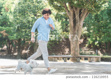 A middle-aged Japanese man walking his dog in the park (running) 116210955