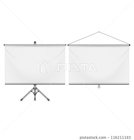 Two white projection screens, one on a tripod stand and one hanging. Vector Two white projection screens, one on a tripod stand and one hanging. Vector 116211183