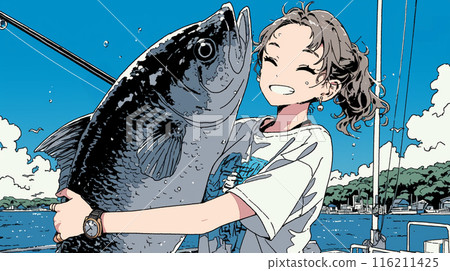 A young woman who caught a big fish while fishing at sea A young woman who caught a big fish while fishing at sea 116211425