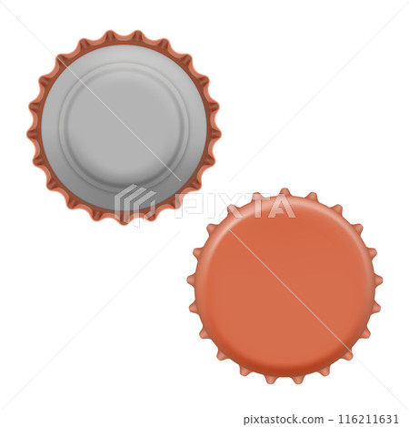Two bottle caps, one silver and one orange, viewed from above. Vector Two bottle caps, one silver and one orange, viewed from above. Vector 116211631
