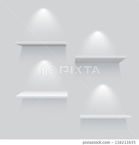 Modern minimalist white shelves with focused lighting on a light gray wall. Vector Modern minimalist white shelves with focused lighting on a light gray wall. Vector 116211635