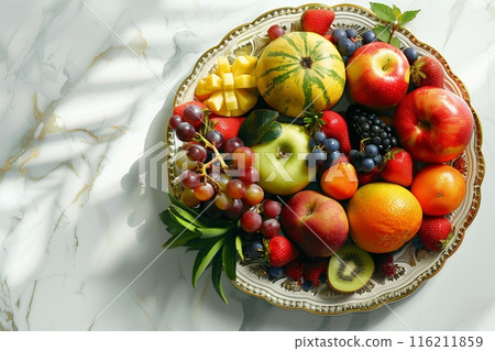 Healthy Food - Photorealistic Image of a Colorful Fruit Platter on Marble Table Healthy Food - Photorealistic Image of a Colorful Fruit Platter on Marble Table 116211859
