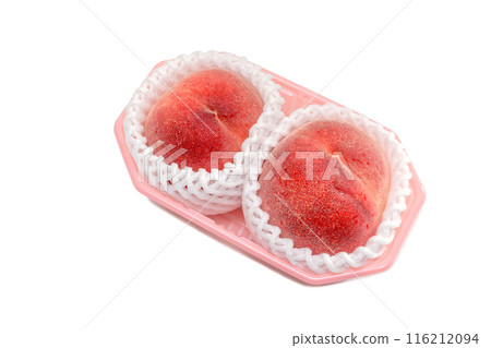 Two peaches in a pack [white background, cutout] 116212094