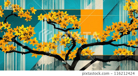 Yellow forsythia flowers and light blue textile 116212424