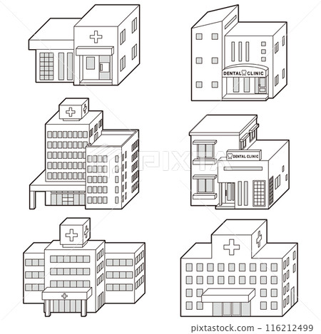 Hospital three-dimensional vector illustration. Line drawing. 116212499