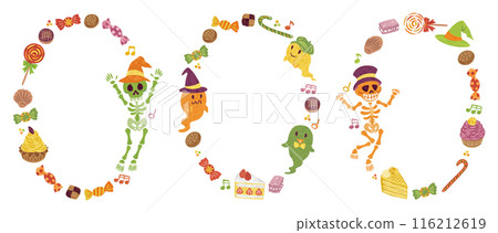 October Halloween candy skeleton ghost illustration round frame set 116212619