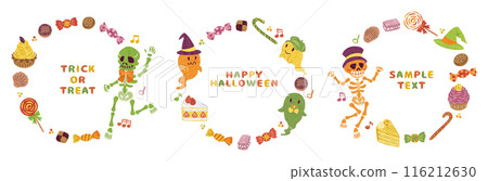 October Halloween candy skeleton ghost illustration round frame set 116212630