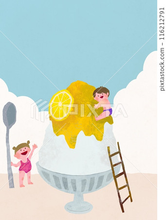 Summer image of children playing with a big lemon-flavored shaved ice 116212791