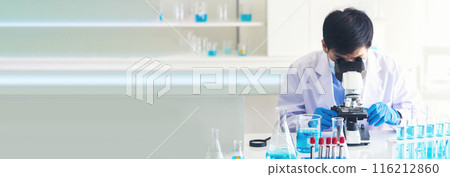 Banner Scientist man look Microscope research in science laboratory. Banner Asian scientist use microbiology microscope in laboratory equipment chemistry lab. Biochemistry experiment with copy space Banner Scientist man look Microscope research in science laboratory. Banner Asian scientist use microbiology microscope in laboratory equipment chemistry lab. Biochemistry experiment with copy space 116212860