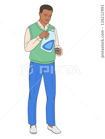 man pouring laundry detergent from bottle into cap man pouring laundry detergent from bottle into cap 116212991