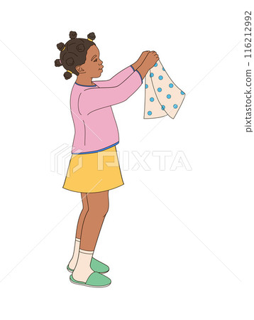 African American girl holding clean clothes in her hands	 116212992