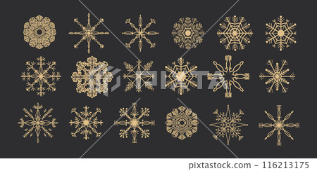 Set Golden snowflake crystal elegant line christmas decoration on dark background, collection winter ornament frozen element. 116213175