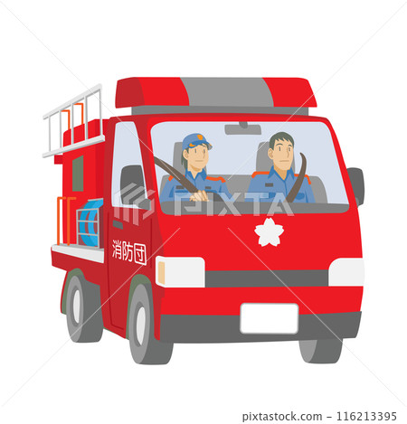 Illustration of firefighters riding on a fire engine Illustration of firefighters riding on a fire engine 116213395