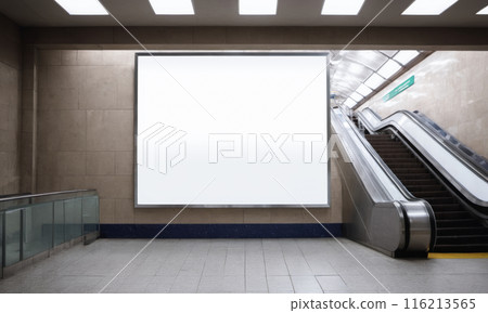 Mockup of advertising space in metro station, clean white billboard for marketing messages, pedestrian underpass with moving escalator, city environment for public advertisement Mockup of advertising space in metro station, clean white billboard for marketing messages, pedestrian underpass with moving escalator, city environment for public advertisement 116213565