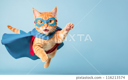superhero cat, Cute orange tabby kitty with blue cloak and mask. super cat is rushing to feed, strength and energy. advertising of cat food and food additives superhero cat, Cute orange tabby kitty with blue cloak and mask. super cat is rushing to feed, strength and energy. advertising of cat food and food additives 116213574