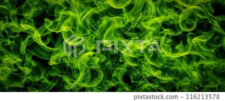 Abstract green smoke waves flowing dark backdrop, vivid color interplay, dynamic fluid motion captured high detail creative design use 116213578