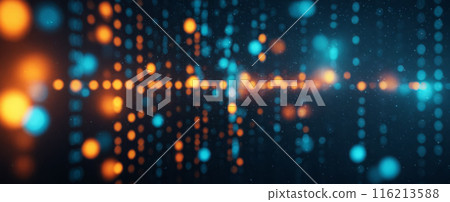 Abstract network of glowing nodes and connections on dark backdrop, symbolizing digital technology, data exchange, internet communication in cyberspace with selective focus and bokeh effect 116213588