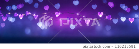 Illuminated Heart Garland on Purple Blue Gradient Background, Festive Decoration, Romantic Lighting, Valentine Day Banner, Love Concept, Horizontal Layout for Greeting Card or Advertisement Design 116213591