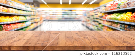 Empty Wooden Counter in Supermarket, Product Placement, Retail Display Background. Supermarket Interior with Empty Wooden Tabletop, Marketing Display in Fresh Produce Section 116213592