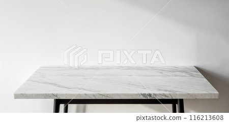 Marble tabletop with grey veins, black frame, minimalist design furniture, white background, elegant interior home decor, modern stylish flat surface Marble tabletop with grey veins, black frame, minimalist design furniture, white background, elegant interior home decor, modern stylish flat surface 116213608