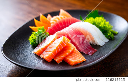 Fresh Sashimi Platter Japanese Cuisine Colorful Raw Fish Slices Gourmet Meal 116213615