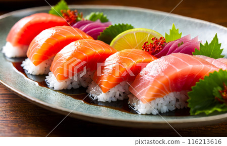 Assorted Sushi Set Nigiri Maki Fresh Ingredients Artistic Plate Traditional Japanese Food Dining Concept Wooden Table Texture 116213616