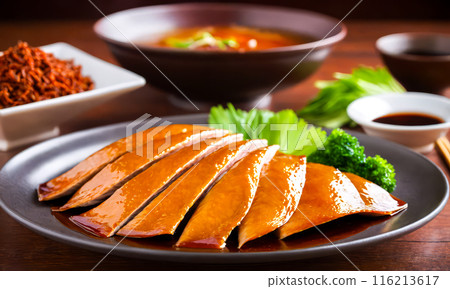 Sliced Roast Peking Duck on Elegant Dark Plate Garnish of Fresh Parsley Asian Culinary Delight Ready to Serve 116213617