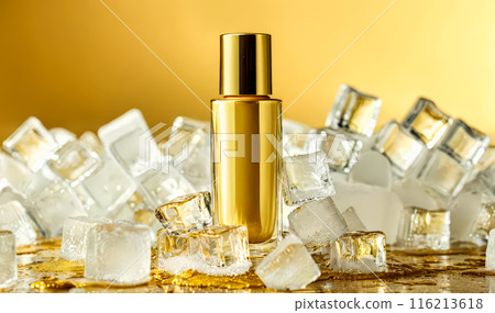Elegant Golden Skincare Bottle on Shiny Surface with Ice Cubes, Luxury Beauty Product Presentation Elegant Golden Skincare Bottle on Shiny Surface with Ice Cubes, Luxury Beauty Product Presentation 116213618