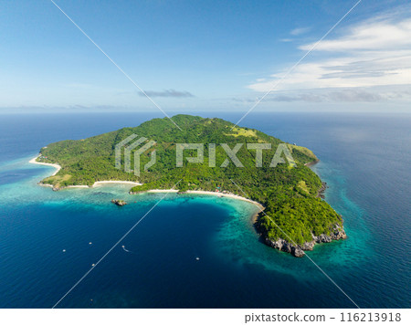 Aerial view of turquoise water at coast with sandy beach. Cobrador Island. Romblon, Philippines. Aerial view of turquoise water at coast with sandy beach. Cobrador Island. Romblon, Philippines. 116213918