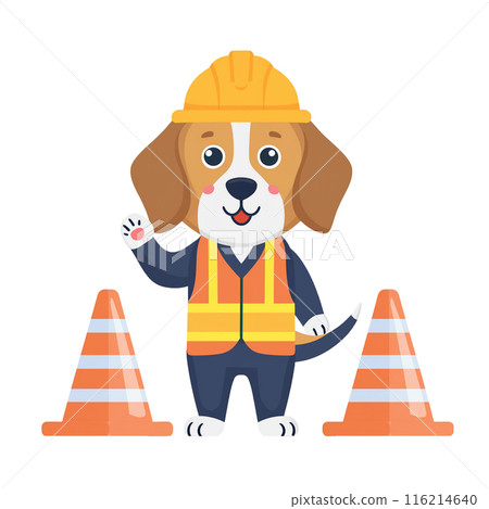 Beagle dog wearing a helmet at a construction site 1 / Material for flyers and posters Beagle dog wearing a helmet at a construction site 1 / Material for flyers and posters 116214640