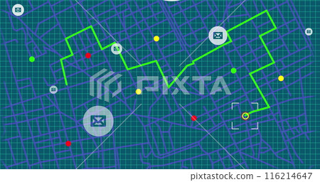 Image of email icons, green location line and data processing over blue background 116214647