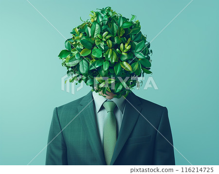 A businessman with green leaves instead of a head symbolizes eco-friendly business practices and environmental sustainability. 116214725