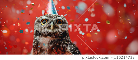 A cute owl wearing a party hat with a colorful confetti-filled background, celebrating a festive occasion with joy and excitement. 116214732