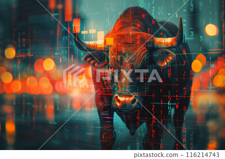 A digital representation of a bull with a stock market background, symbolizing financial strength, growth, and bullish markets. A digital representation of a bull with a stock market background, symbolizing financial strength, growth, and bullish markets. 116214743
