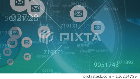 Image of message icons and changing numbers with scanning circles on abstract background Image of message icons and changing numbers with scanning circles on abstract background 116214759