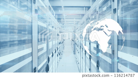 Image of spinning globe and light trails against computer server room 116214787