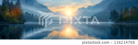 A serene sunrise over a calm lake surrounded by misty mountains and vibrant autumn trees, reflecting perfect natural beauty. 116214788