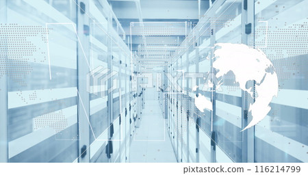 Image of nft text banner, spinning globe and light trails against computer server room 116214799